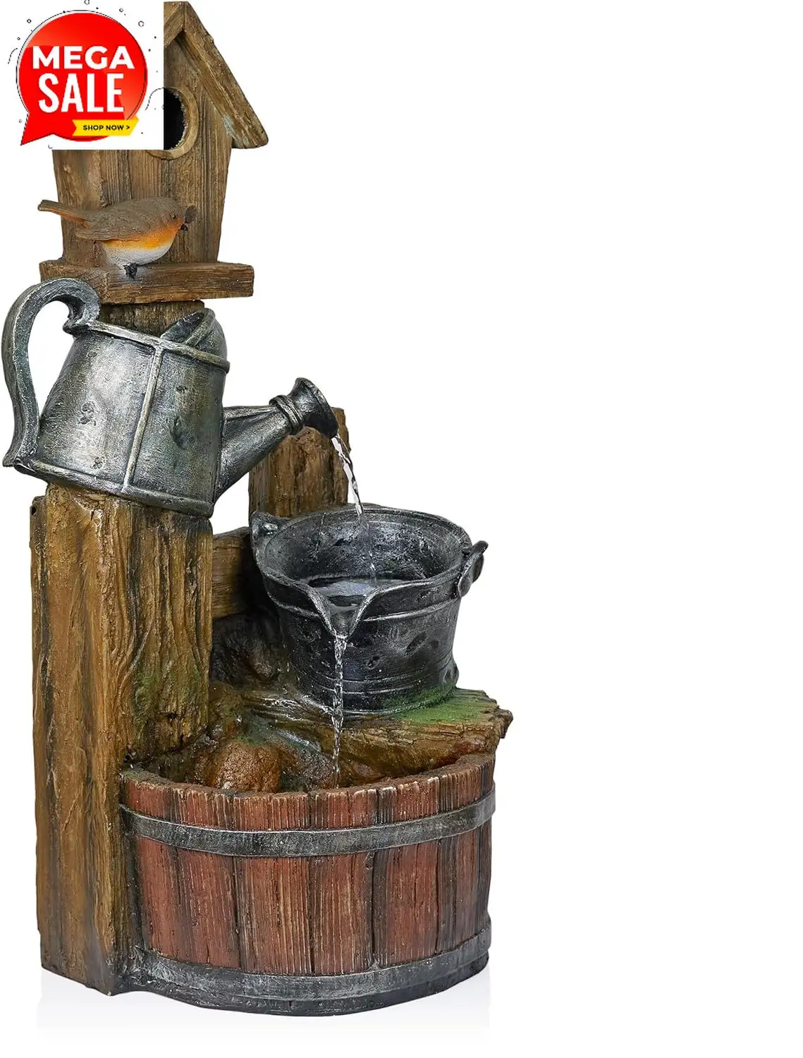 

Фонтан-птичий домик TZL280 в форме ведра с белыми светодиодными огнями, стильный декор для сада и патио, высота 32 дюйма