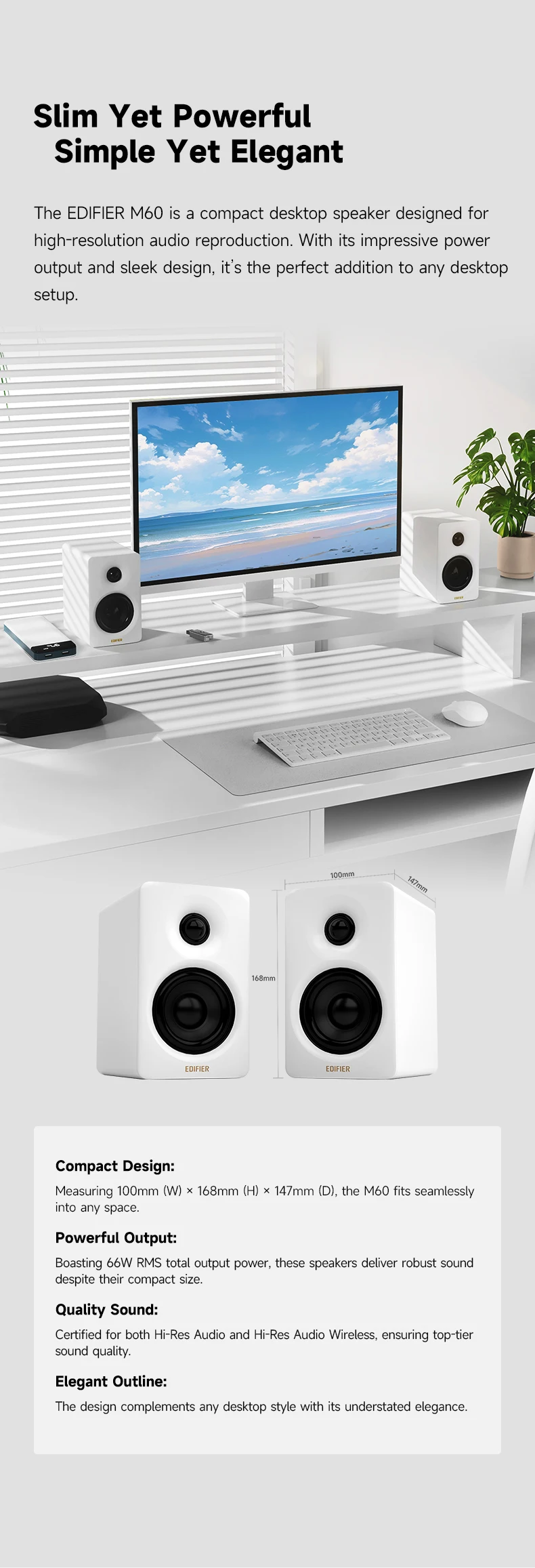 Edifier M60 Kompakter Kabelloser Multimedia-Lautsprecher 66W RMS Bluetooth 5.3 Hi-Res Wireless LDAC USB-C AUX Desktop-Monitorlautsprecher – Detail 3