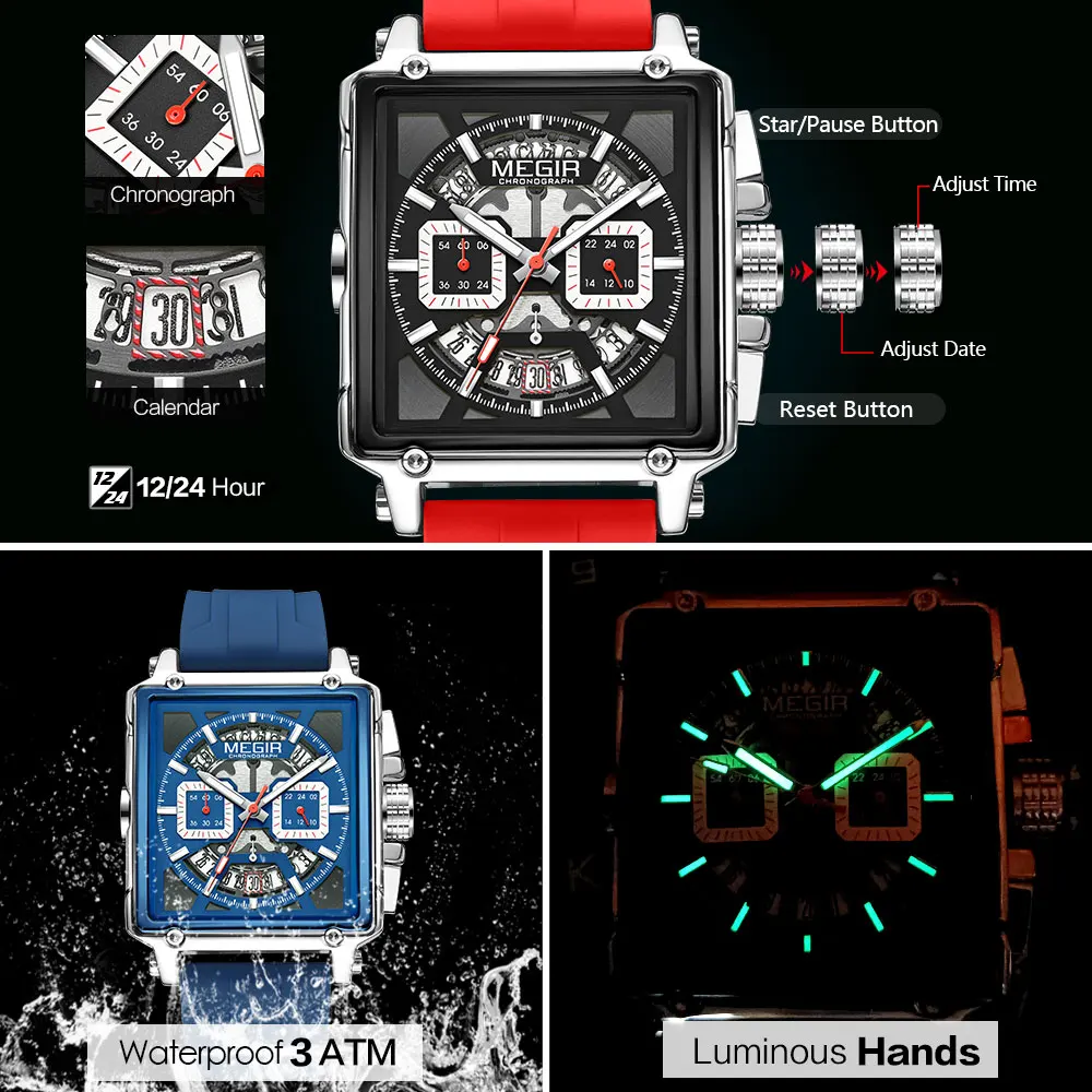 MEGIR Red Sport Chronograph Quartz Watch Men Fashion Waterproof Wristwatch with Luminous Hands Silicone Strap Date Square Dial