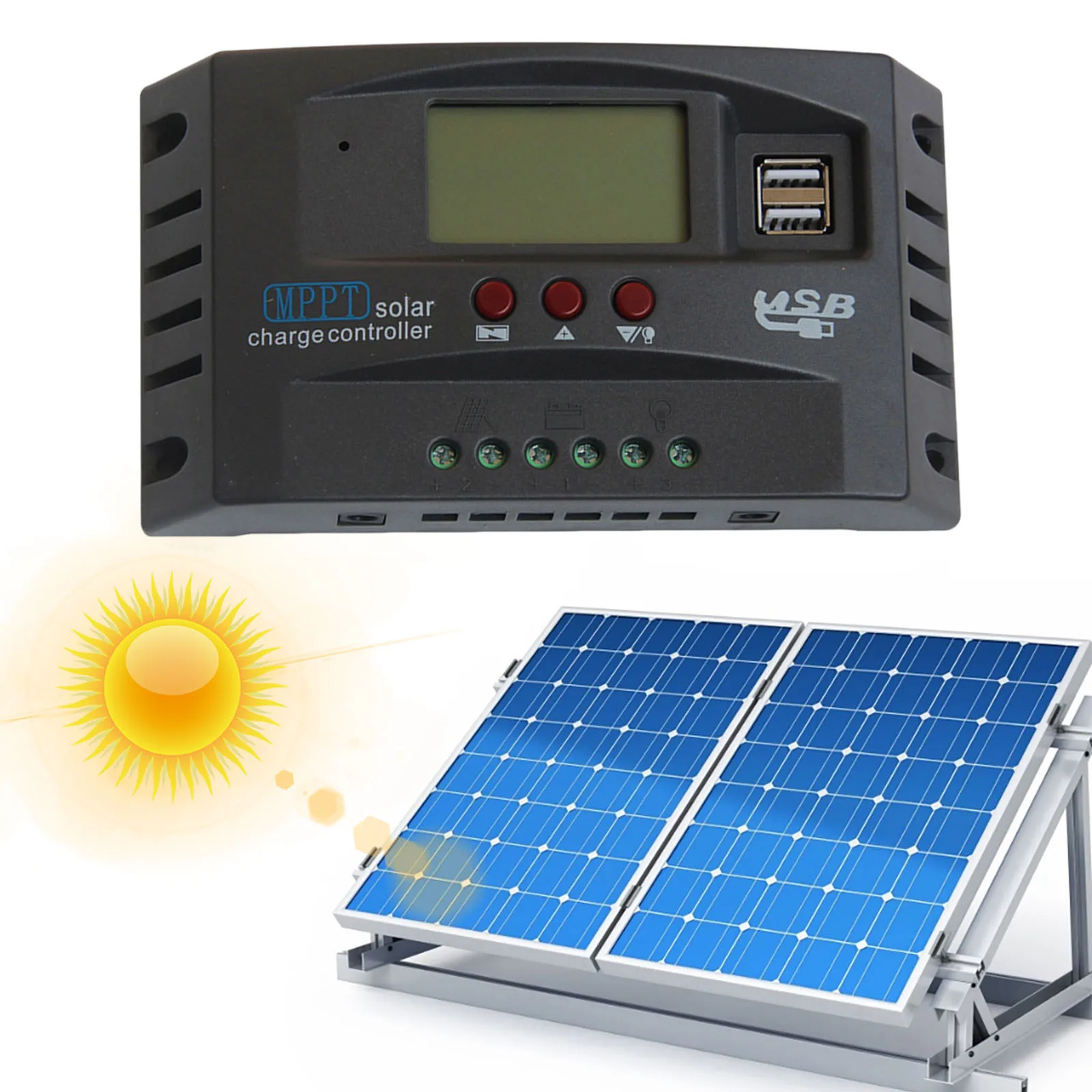 MPPT Solar Charge Controller with Dual USB Port LCD Display and 3 Timer Setting for Lead-Acid Open Sealed AGM Li Batteries
