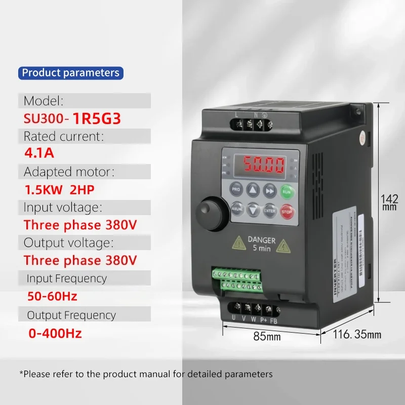 SUSWE laagspanningsfrequentieomvormer (VFD) 0,75/1,5/2,2/4/5,5 kW, 1-fase 220V naar 3-fase 220V of 3-fase 380V naar 3-fase 380V, voor motorregeling van de snelheid.