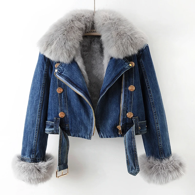 Winter Natural Fox Fur Collar Rabbit Fur Liner Denim Jacket Women Cowboy Outerwear Loose Short Zipper Jeans Jacket Coat Female