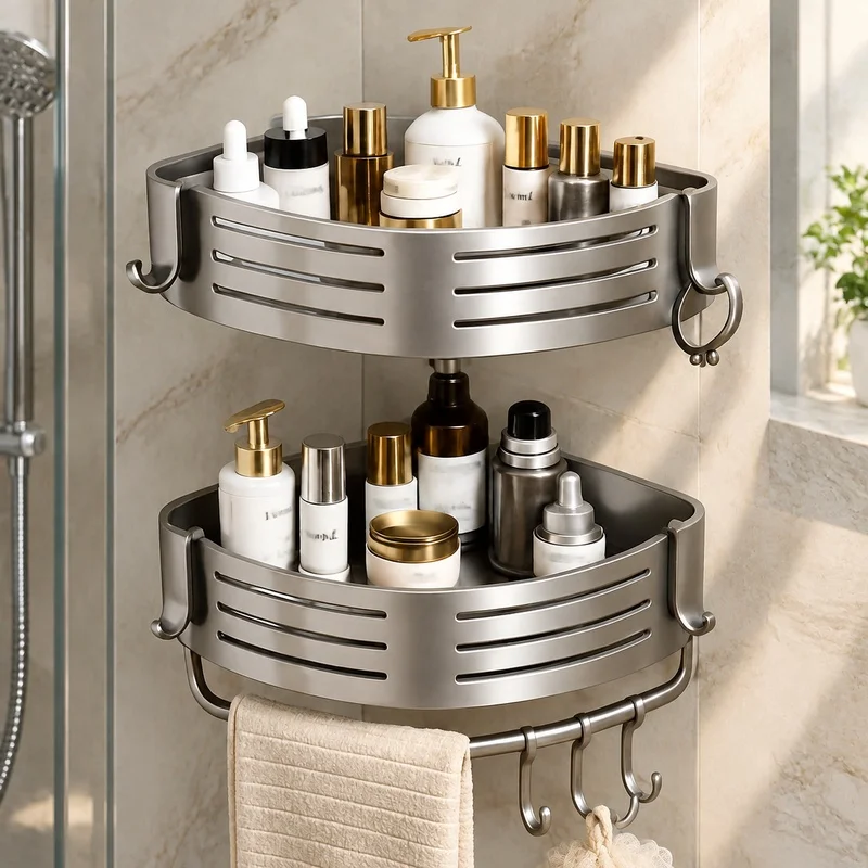 Drill-Free Aluminum Corner Bathroom Shelf with Towel Bar and Plastic Hooks, Available in Sets of 1 to 3