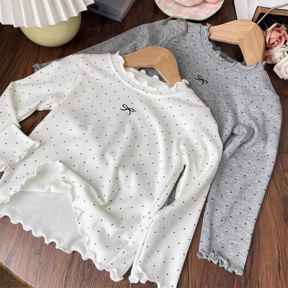 Girls' Long Sleeved T-shirt Children's Ruffled Edge Bow Knitted Tops 2026 Autumn New Versatile Base Shirt for Baby Girls 1-8Year