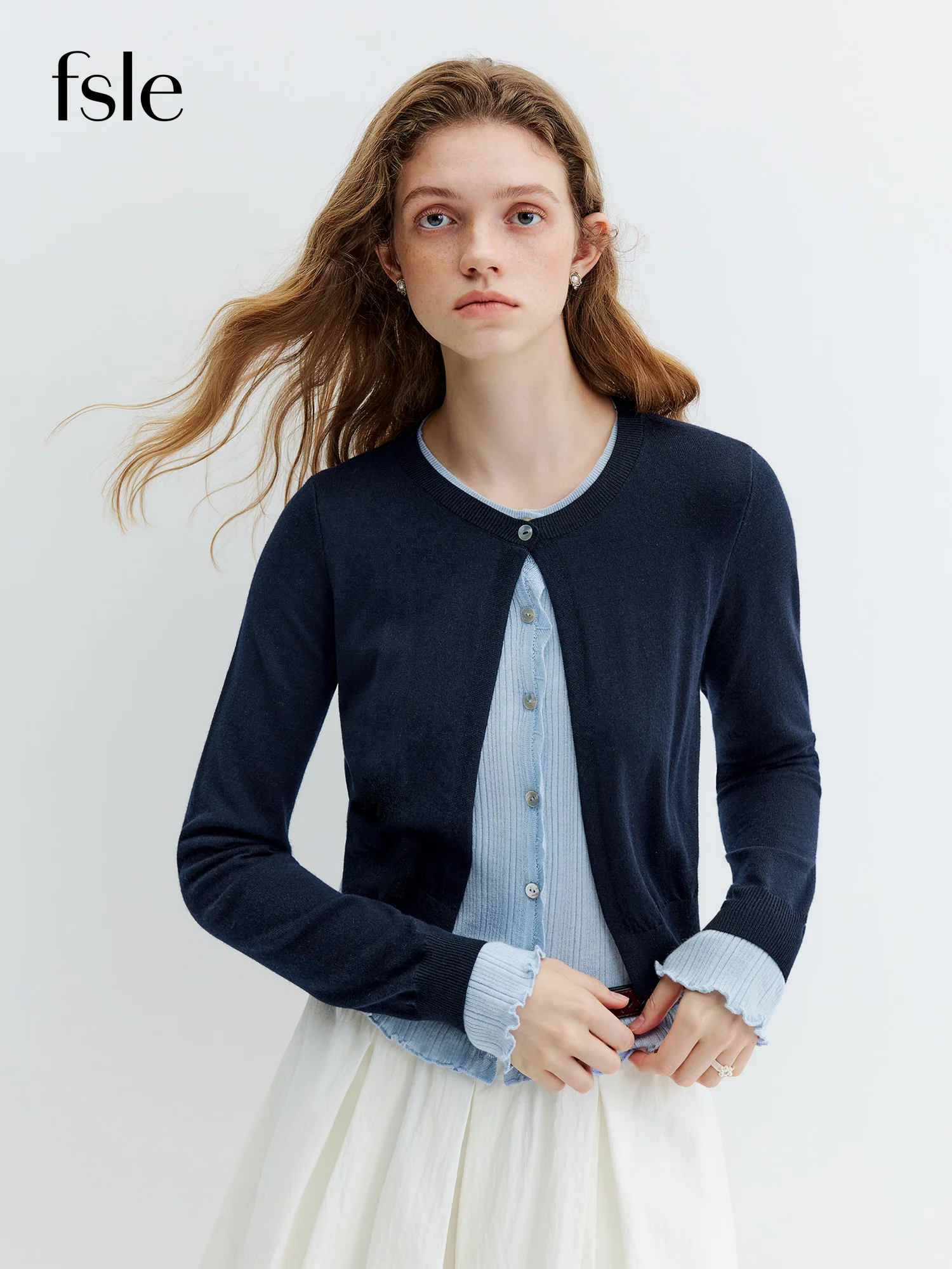 FSLE 2026 Autumn Women's Faux Two-Piece Wool Silk Knit Soft Knitted Top Contrast Color Layered Open Front Top Cozy Chic Style