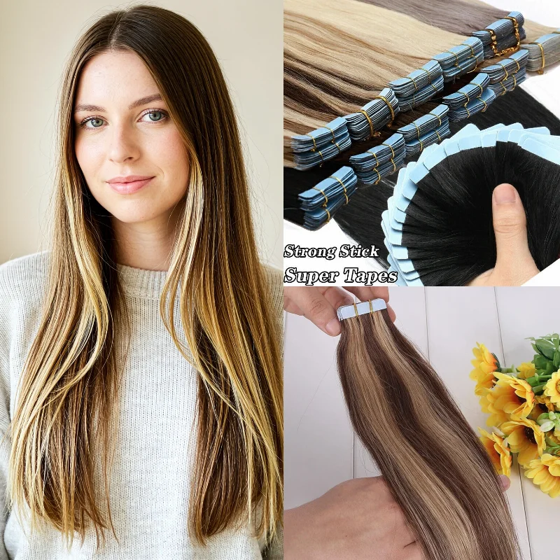 Human Remy Hair Tape In Hair Extensions 20pcs 26inch Straight #4 P4-27 Transform Thick Look & Fullness Office Everyday Wholesale
