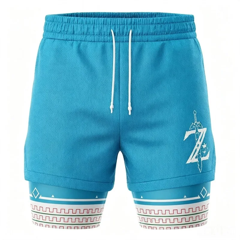 Men Boys 2-in-1 Fitness Training Shorts The Legend of Zelda Link Hylian Shield Print Outer Shorts Gym Running Beach Short Pants view 3