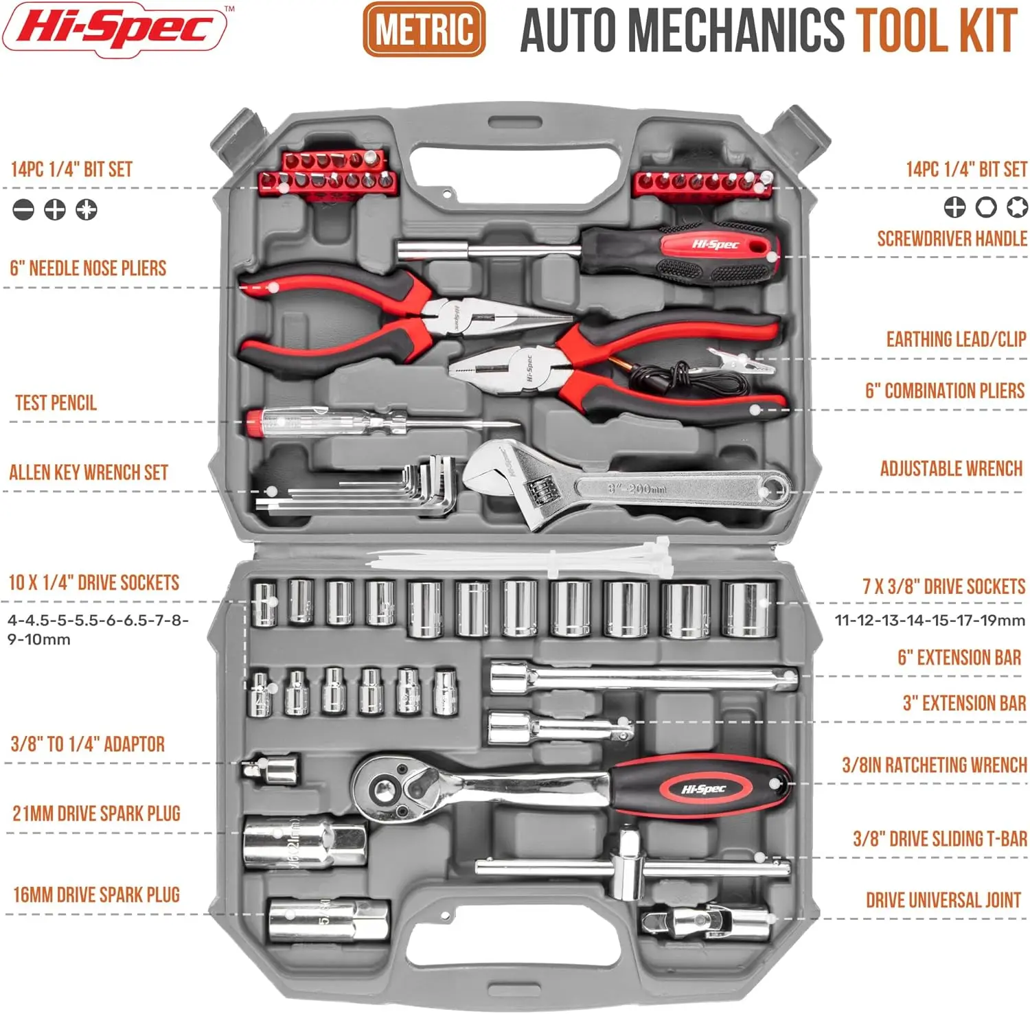 Hi-Spec 67Pc Metric Auto Mechanic Tool Set, Motorcycle & Car Tool Kit, Auto Repair With Pliers, Screwdriver Set, Socket Kit &