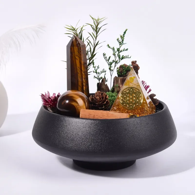Popular natural crystal stone tiger's eye stone lucky bonsai with pyramid lucky treasure creative ornament