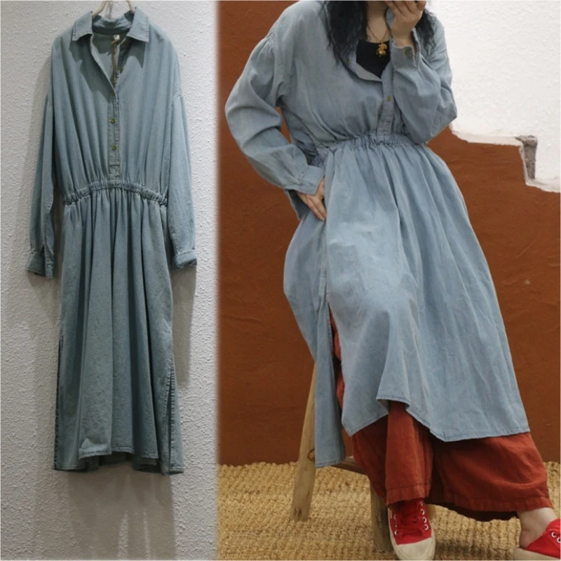 

TIYIHAILEY Free Shipping Vintage Women Long Mid-Calf Denim Chinese Style Long Sleeve Single Breasted Dresses With Pockets