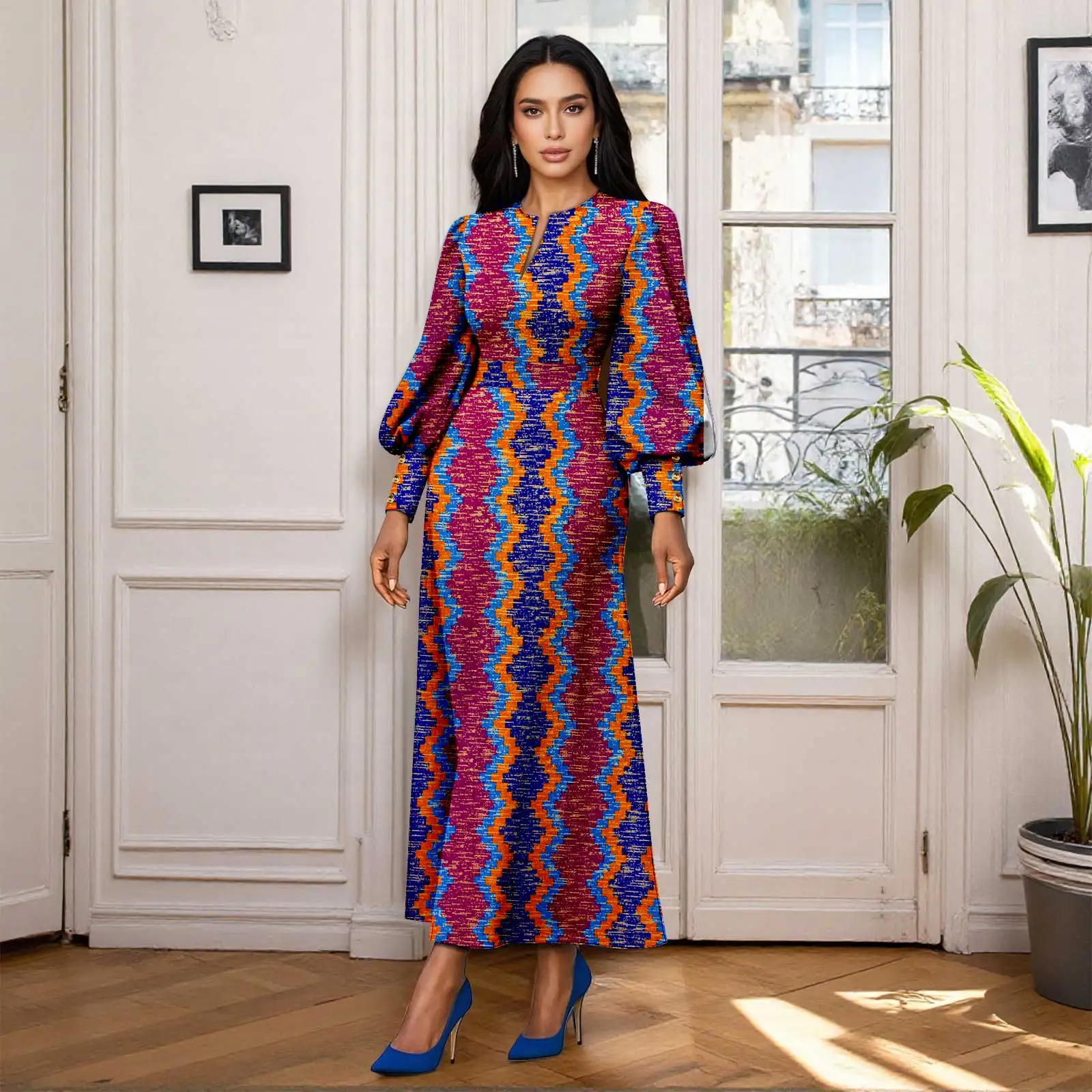 Afripride Elegant Women's Dress Customized Ankara O-Neck Long Sleeve Lantern sleeve Ankle-Length Dress Casual wedding 2525199
