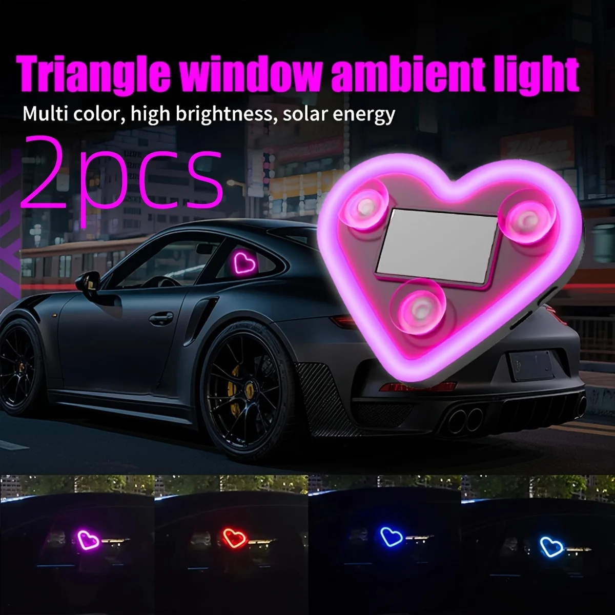 1/2Pcs Car Triangle Window LED Lights Solar/USB Charging Car Neon Heart Atmosphere Lights for Car Interior & Home Office Decor