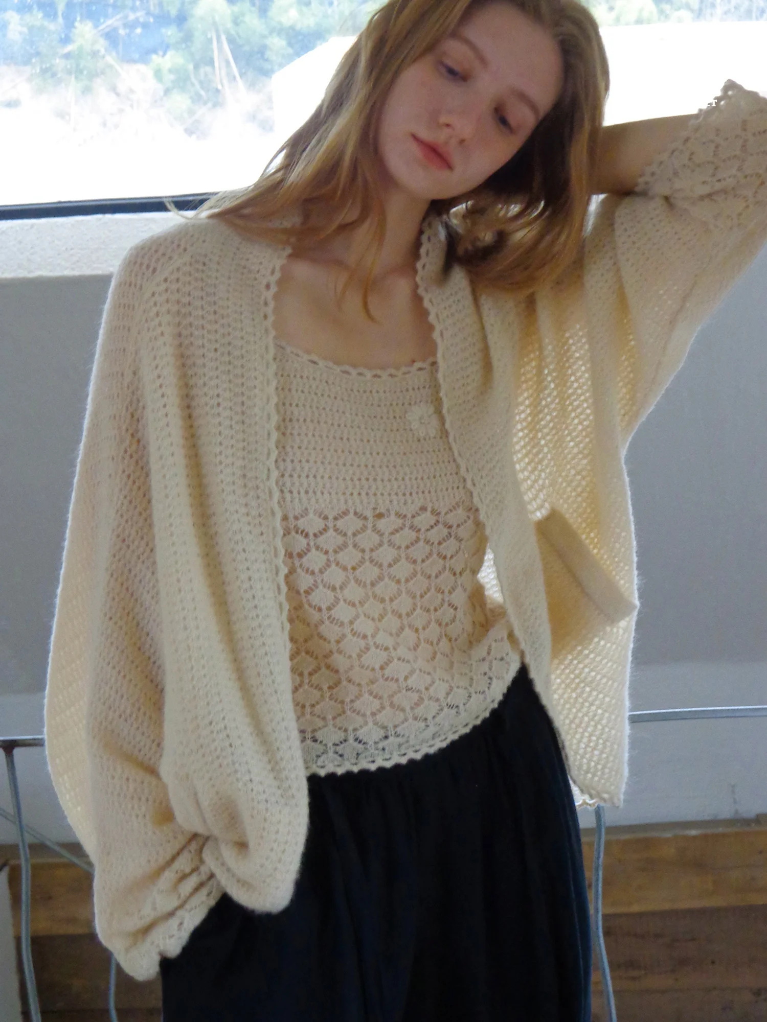 

Champagne Colored Knitted Open Cardigan Hand Crocheted Lace Hollow out Nice People Casual Loose Fit Long Sleeve Women's Sweater