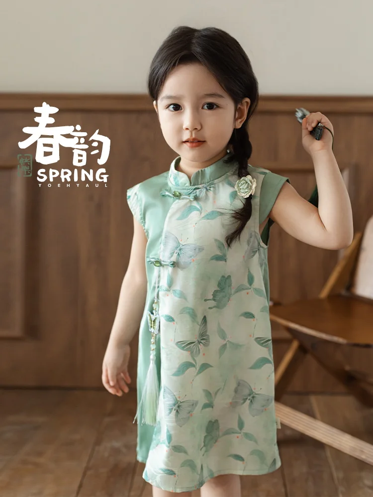 Girls' New Chinese Contrast 2024 Summer Children's Beautiful Simple Sleeveless Dress