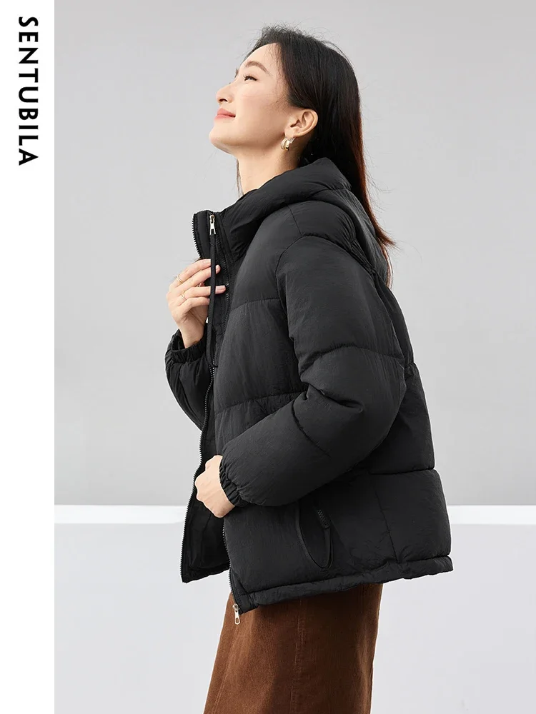 SENTUBILA Thick Warm Hooded Short Parkas Jackets Women 2024 Winter Casual Zipper Crop Padding Jacket Solid Coat Tops W44M58577X