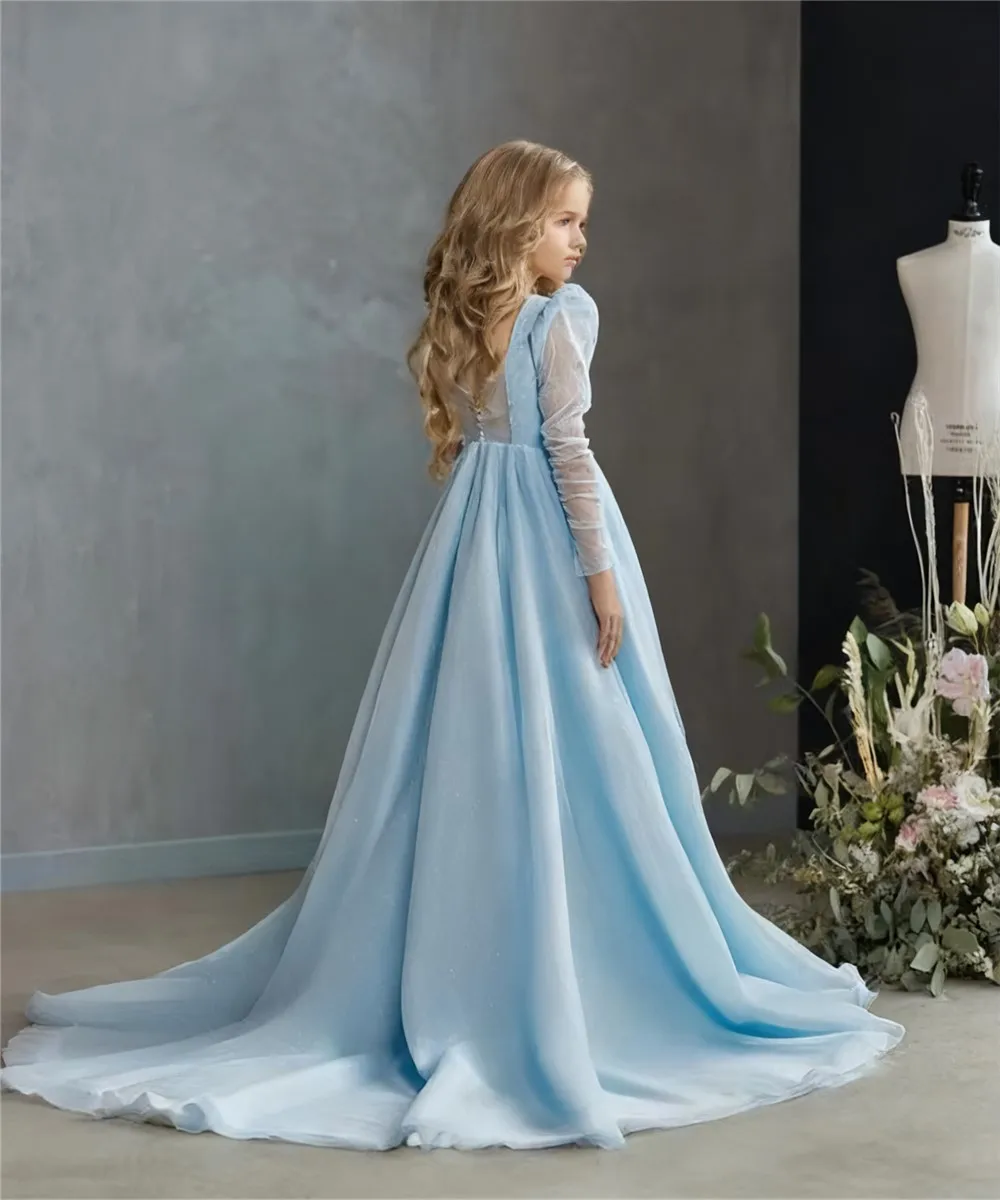 Customized Elegant Flower Girl Wedding Dress Pearls Long Sleeve Princess Birthday Party Dress Kids Party First Communion Gown