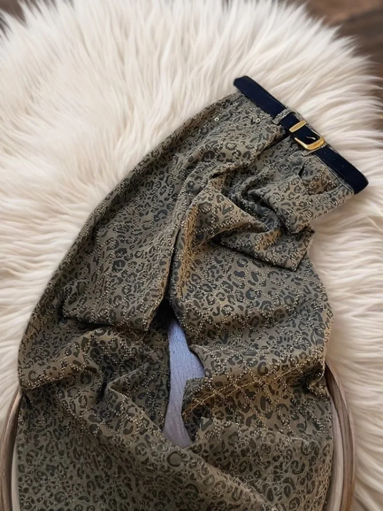 2025 الربيع والخريف جديد ليوبارد طباعة عالية الخصر رقيقة الجينز المرأة الشارع الأمريكية الرجعية بناطيل كاجوال #6