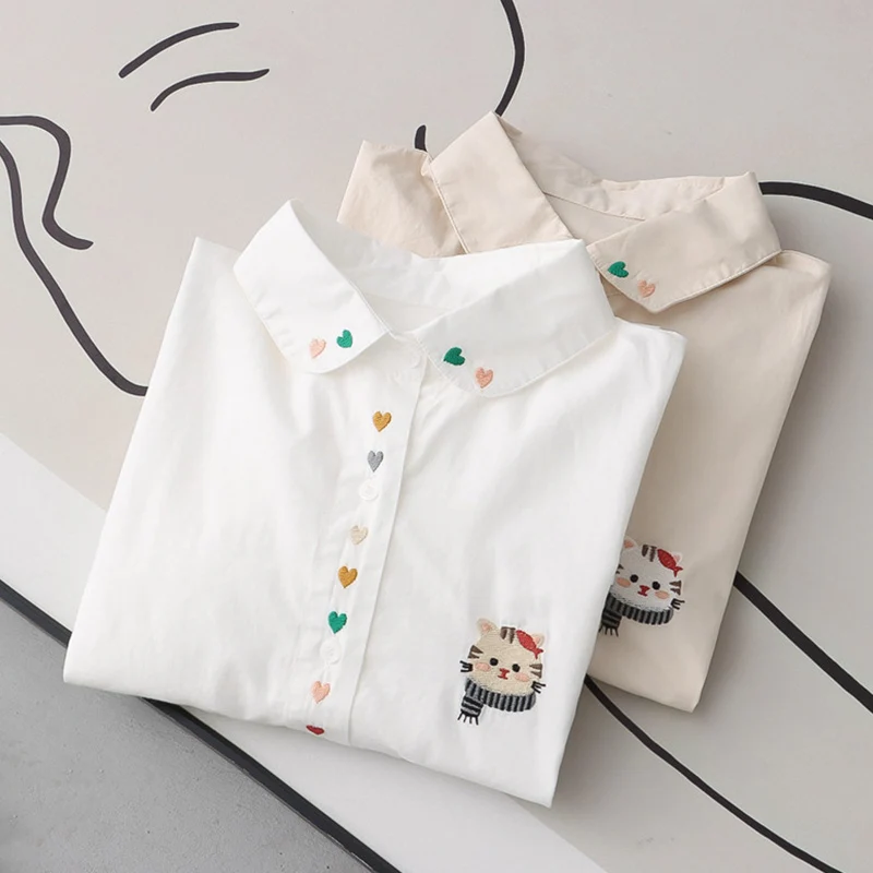 Cartoon Cartoon Cat Love Embroidey Turn Down Collar Shirt Women White Apricot Color Long Sleeved Cotton Base Blouse Tops U332