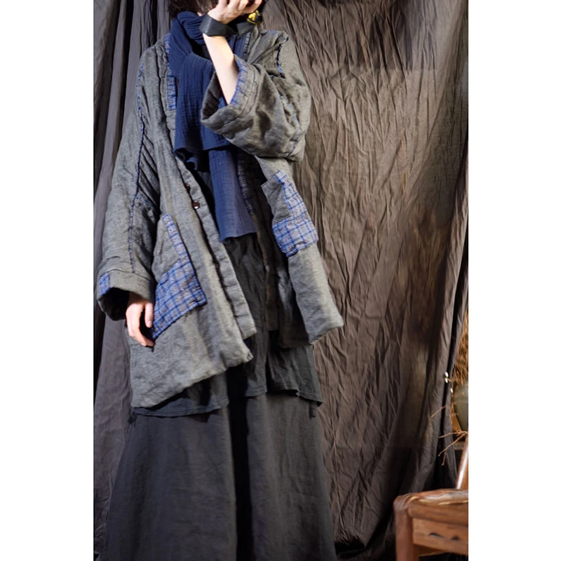 

New Arrival Winter Women V Neck Long Sleeve Warm Thickened Long Parker Pocket Patchwork Good Quality Cotton Linen Coats Y225