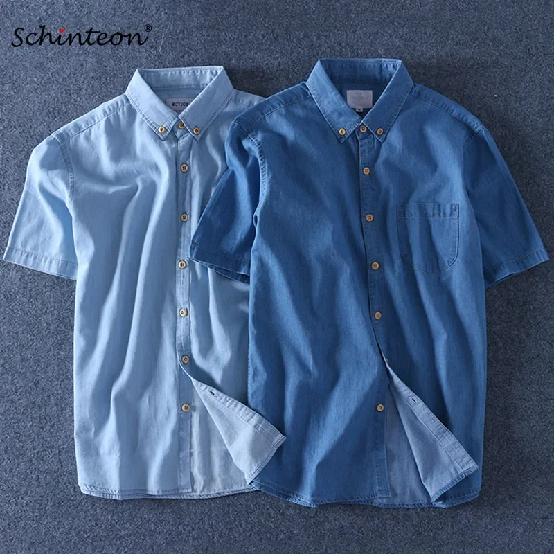Schinteon Top Quality Summer Men Denim Shirt Short Sleeve Soft 100% Cotton One Pocket Slim Jeans Cowboy 4XL Fast Shipping
