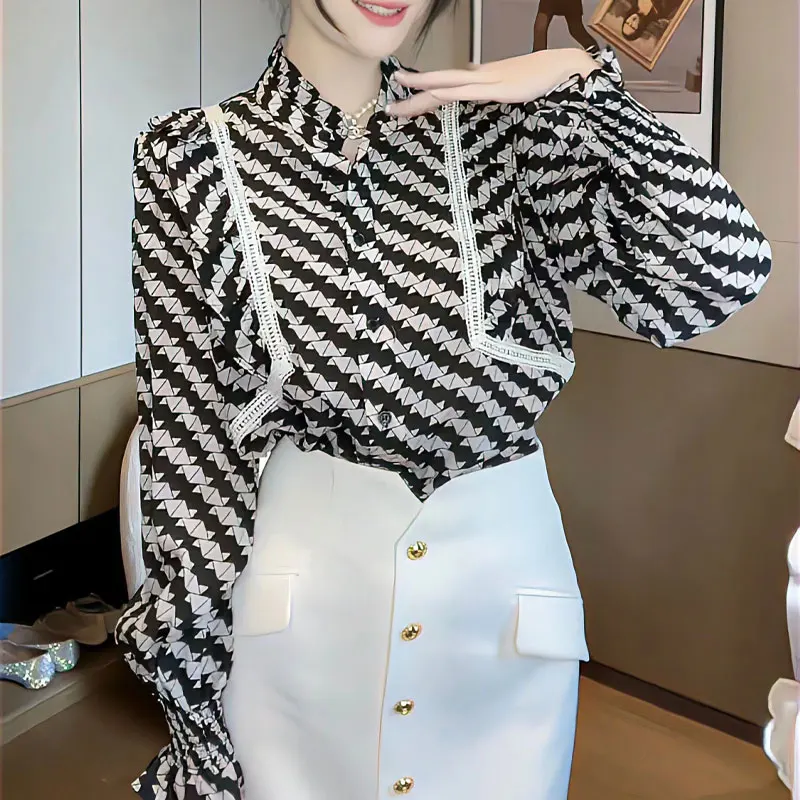 

Fashion Lace Spliced Printed Shirt Spring Autumn Commute Long Sleeve Female Clothing Korean Stand Collar Single-breasted Blouse