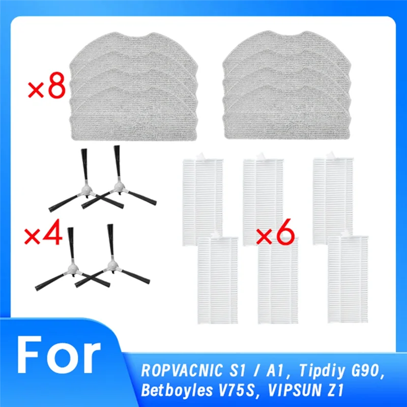 ROPVACNIC S1 / A1, Tipdiy G90, Betboyles V75S, VIPSUN Z1 로봇 진공청소기용 A006-18 PCS 사이드 브러시, 걸레, 필터 (내구성 강함 & 간편 설치)