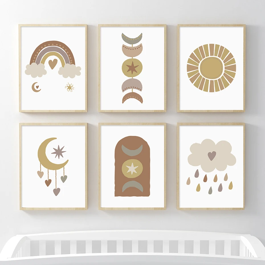 

Boho Cartoon Moon Rainbow Sun Clouds Nursery Posters Cartoon Wall Art Canvas Painting Print Baby Kids Room Home Decoration Gifts