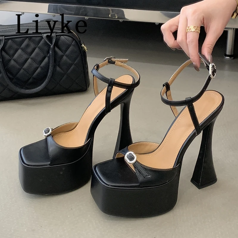 Liyke New Fashion Crystal Buckle Ankle Strap Platform Sandals Women Square Head White High Heels Wedding Banquet Shoes Size 40 image 5