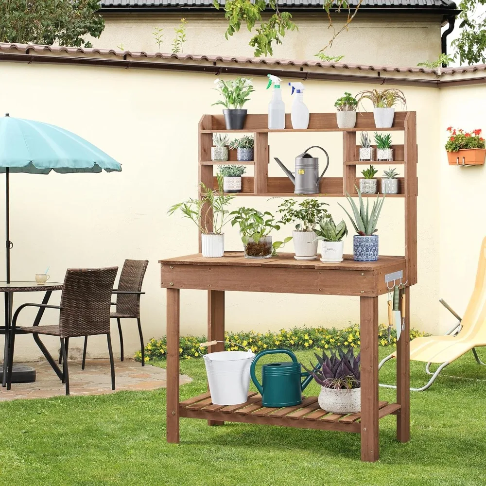 Potting Bench Table Horticulture Germination Table & Outdoor Garden Work Bench Platform w/Display Rack/Storage Shelf