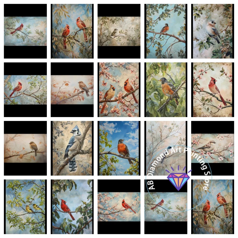 

Vintage Neutral Farmhouse Bird Flower AB Diamond Painting Kit Square Round Diamond 5D DIY Mosaic Handmade Art Gift Home Decor