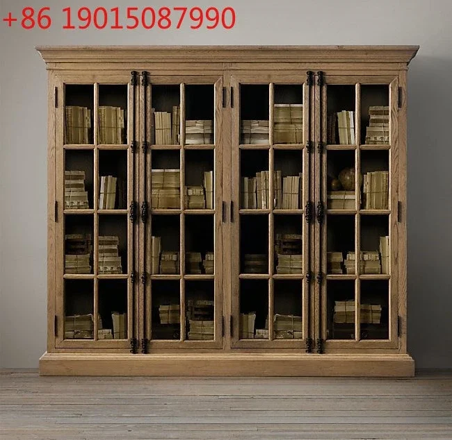 

French retro old four-door solid wood bookcase heaven and earth lock oak bookcase storage cabinet glass bookshelf