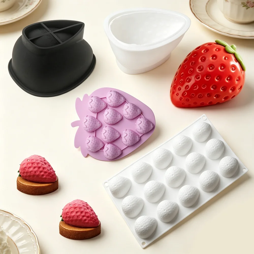 Molde de Silicona de Grado Alimenticio con Diseño de Fresa, Molde Antiadherente para Postres Caseros, para Hacer Mousse, Pastel, Chocolate y Gelatina