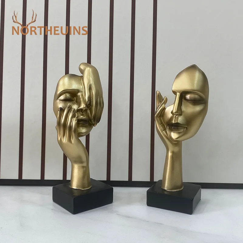 NORTHEUINS Resin Golden Abstract Mask Statues 16cm Art Figure Thinker Figurines Home Living Room Office Desktop Decor Accessorie