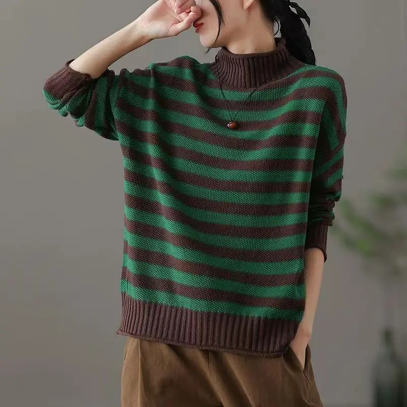 Fashion Stand Collar Spliced Casual Striped Sweaters Women\'s Clothing 2023 Winter Loose Knitted Commuter Pullovers Korean Tops