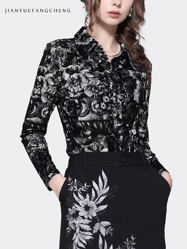 Fashion ink and wash Printed Women Long Sleeve Stretching Knitted Shirt Elegant Slim Button-down Tops Casual Floral Blouse