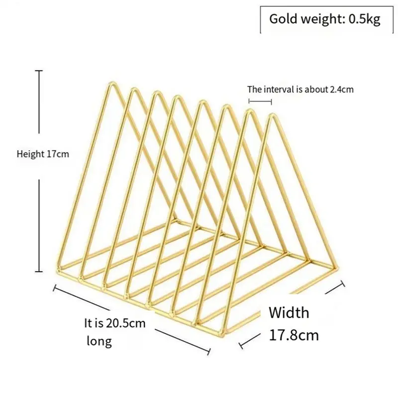 DT39 Desktop Triangular Book Stand, Gold Iron Bookshelf Organizer, Modern Storage Rack for Office Study Home