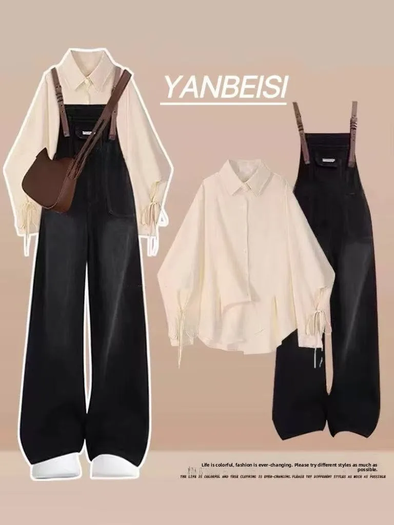 

Весенний комплект 2025: Новая повседневная свободная рубашка в студенческом стиле с омолаживающими джинсовыми комбинезонами — женский модный комплект из двух предметов