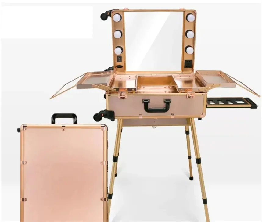 

Новая косметическая тележка, профессиональный косметичка, чемодан на колесиках со светодиодной подсветкой, многофункциональный чемодан на колесиках