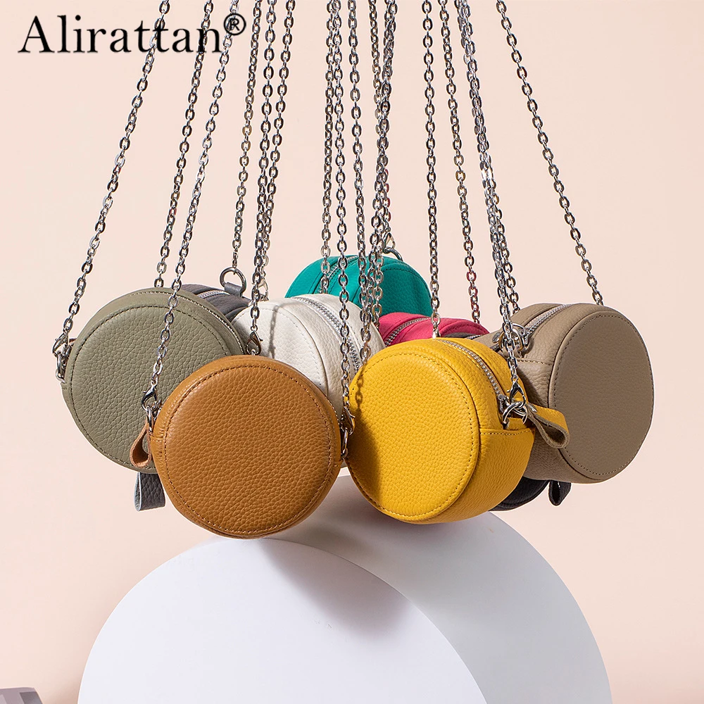 Alirattan 2025 New Leather Round Mini Chain Shoulder Crossbody Bag For Women Versatile Portable Storage Bag