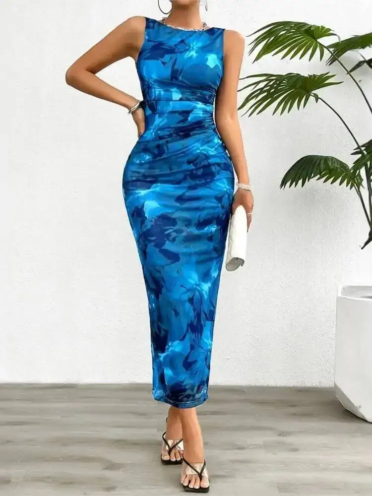 Women's 2025 Spring Summer New Fashionable Printed Round Neck Style Slimming Sleeveless Tight Dress With Split Bottom W9K8