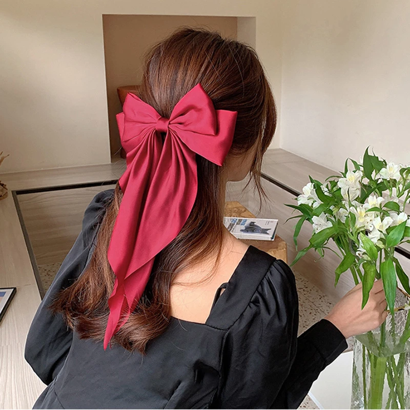 17KM Korean Black Red Big Bow Hair Clip For Women Girls Elegant Long Chiffon Ribbon Hairpins Barrette Hair Accessories Gifts