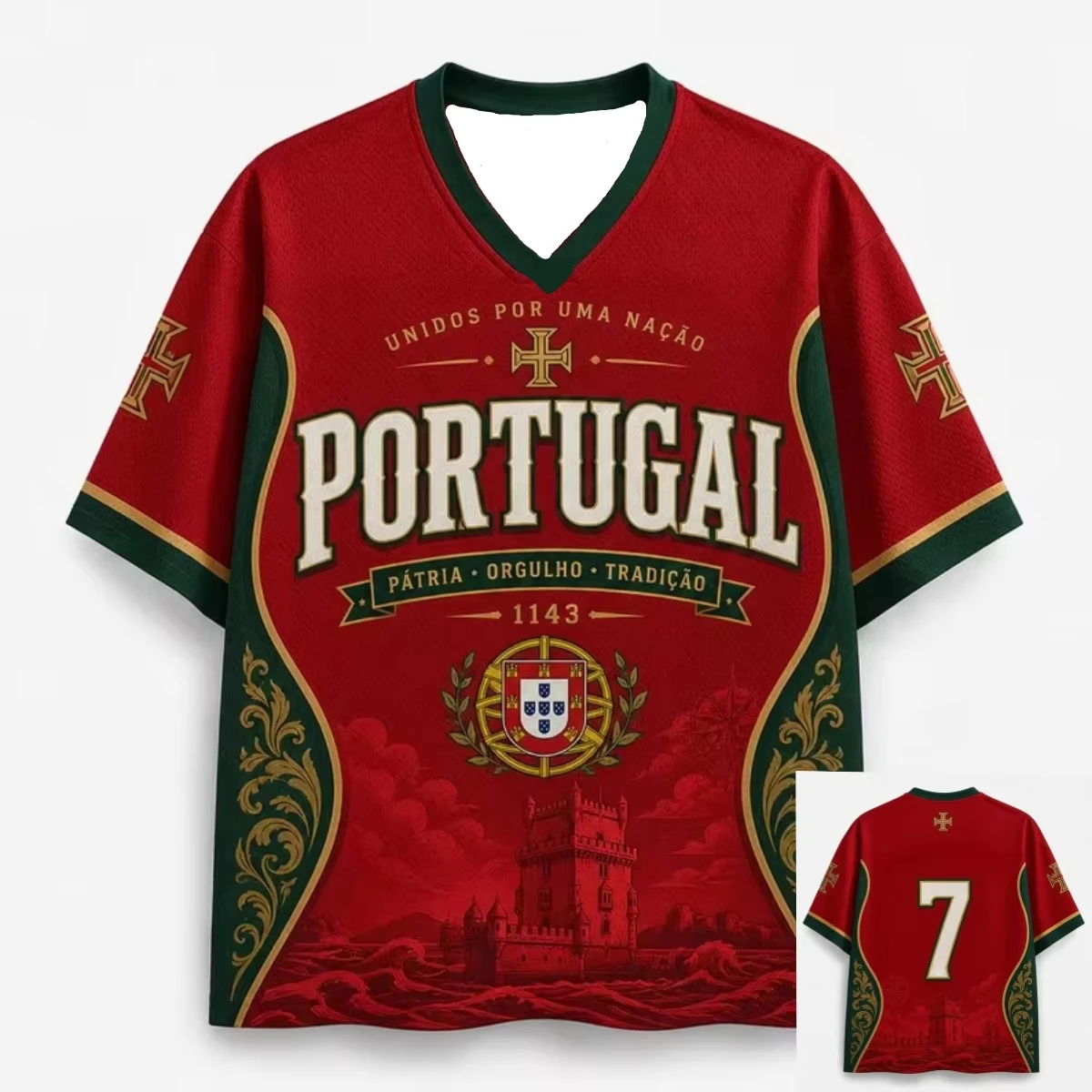 Summer Unisex Portugal Football Fan T-shirt Sports 3D Full Print Retro V-neck Oversized Short Sleeve Streetwear Top