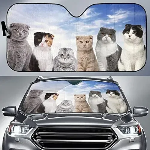 3D Adorable Scottish Fold Cat Team Blue Sky Pattern Car Sunshade, Scottish Fold Cat Family Car Window Sun Cover for Cat Lover, C