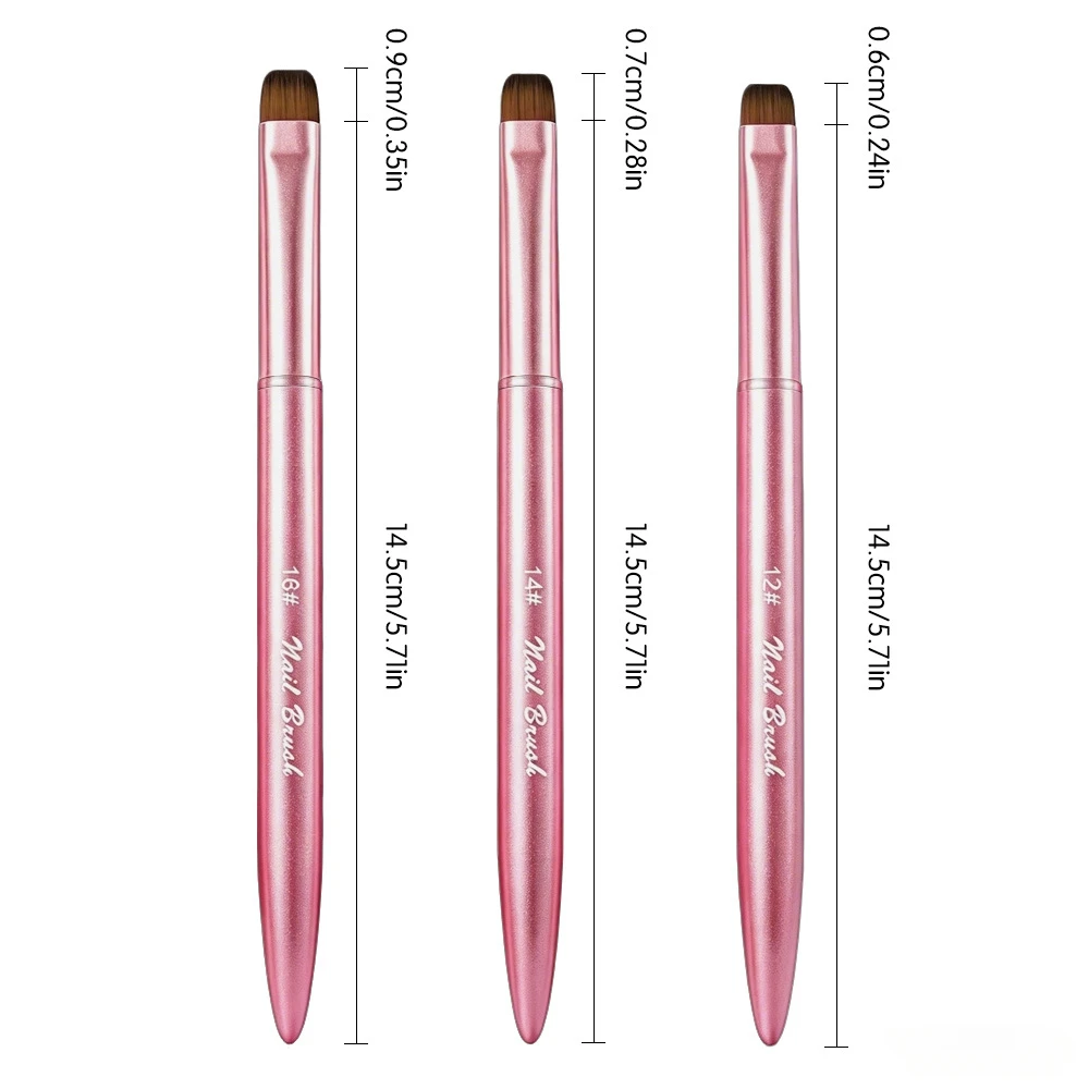 3-teiliges UV-Gel-Nagelbürsten-Set, flach, rund, für Builder-Gel-Verlängerung, Nylonborsten, rosafarbener Metallgriff, für französische Maniküre, Salon, DIY – Detail 6