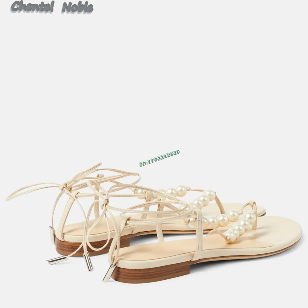 

Leather Pearls-Detailed Split Toe Round Peep Flats Sandals Ankle Strap Women Shoes Summer Dress Party 2024 New Arrivals Luxury