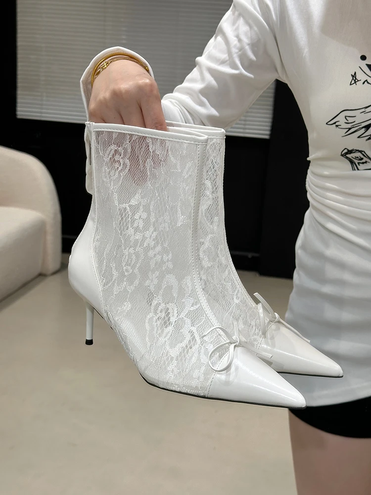 

White Pointed Toe Women Short Boots Solid Fashion Lace Women Shoes Fine Heels Zipper Zapatos Mujer Botas Femininas
