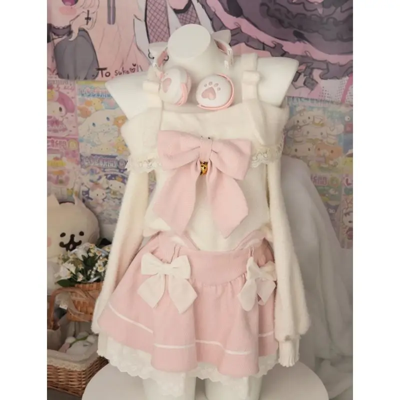 

Kawaii Lolita Style Women 2 Piece Set Japanese Sweet Off Shoulder Knitted Sweater Cute Bow Mini Cake Skirt Female Fashion Outfit