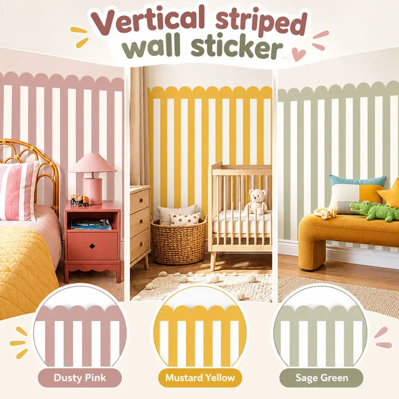 3pcs Wavy Lace Vertical Striped Self Adhesive Wall Wallpaper PVC Waterproof Wall Sticker Kindergarten Children's Room Home Decor