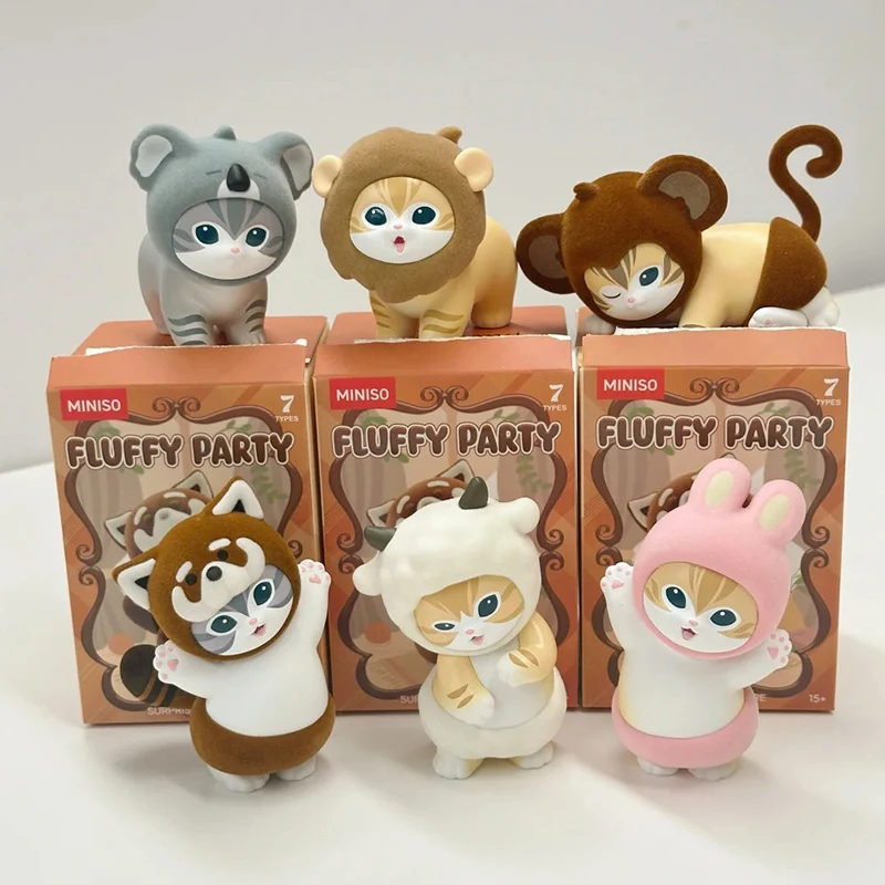 Miniso Blind Box Cat Flurry Party Series Suprise Box Figure Anime Flocking Material Kawaii Animal Model Display Decoration Deskt