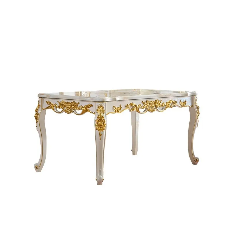 

Marble dining table, all solid wood rectangle, household dining table, living room white gold-painted luxury